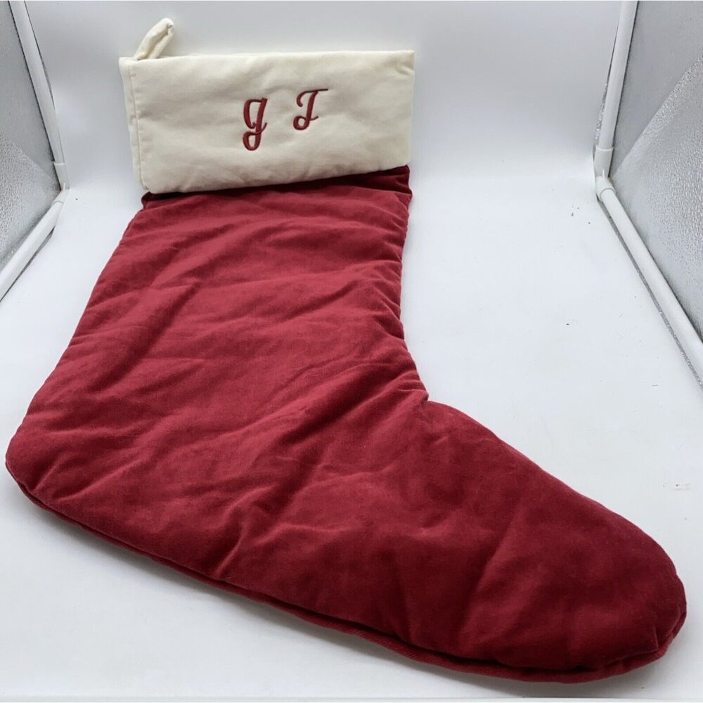 Pottery Barn Velvet Christmas Holiday Stocking Monogram Red Cream 24 in